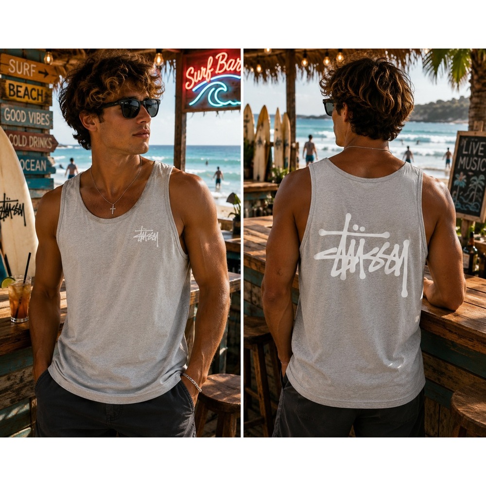 Stussy Tank Top Mens Large Gray Big Logo Streetwear Surf Skate Summer CUT TAG